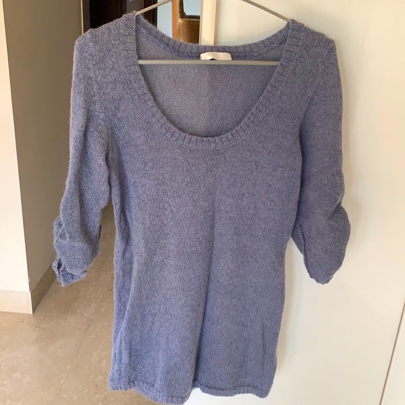 Promod Size M light blue low round neck jumper with 3/4 sleeves.